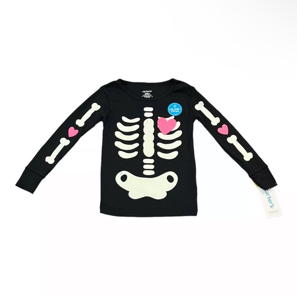 Carters Black/Pink Halloween Heart Skeleton 2 Piece Pajamas Set | NEW/NWT!! ☠️🩷 - Picture 3 of 13